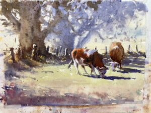 Andy Dolphin oil artwork - two cows in paddock
